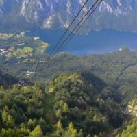 aerial view of blue lake bohinj and mountains in slovenia
